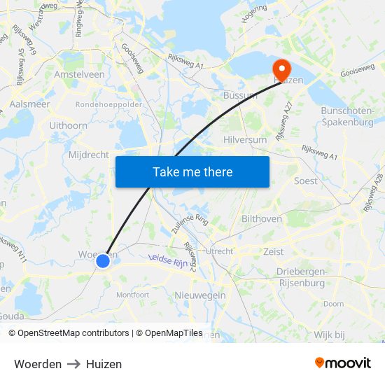 Woerden to Huizen map