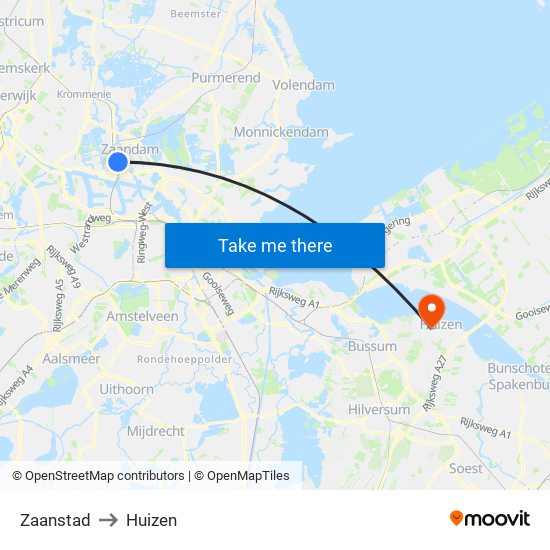 Zaanstad to Huizen map