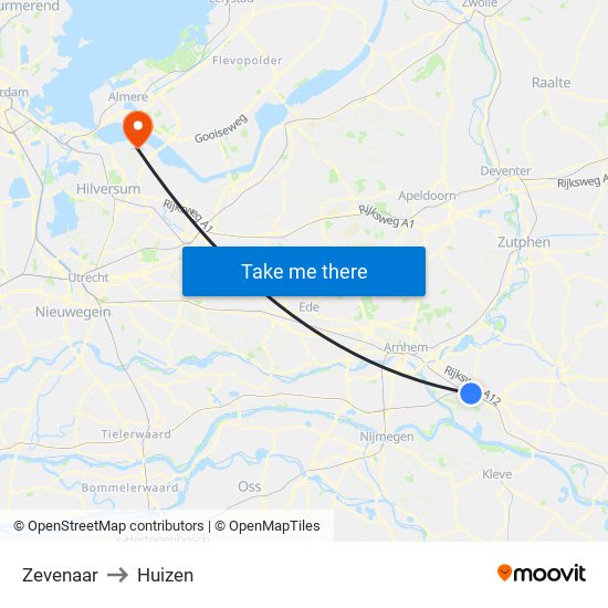 Zevenaar to Huizen map