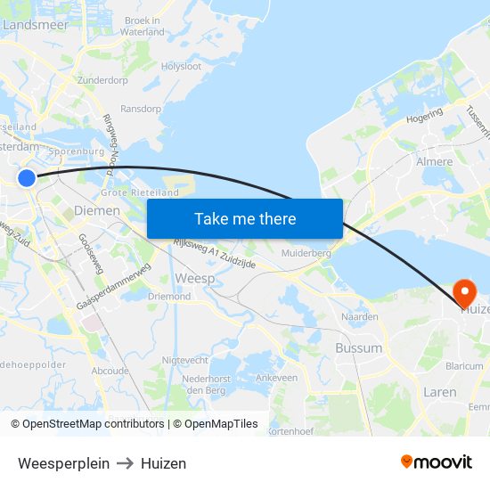 Weesperplein to Huizen map