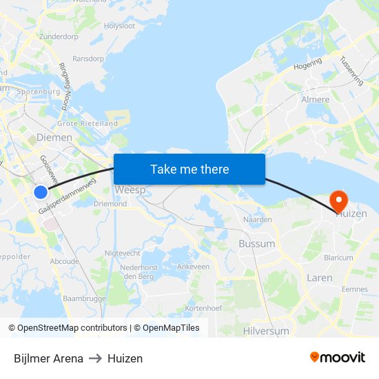 Bijlmer Arena to Huizen map