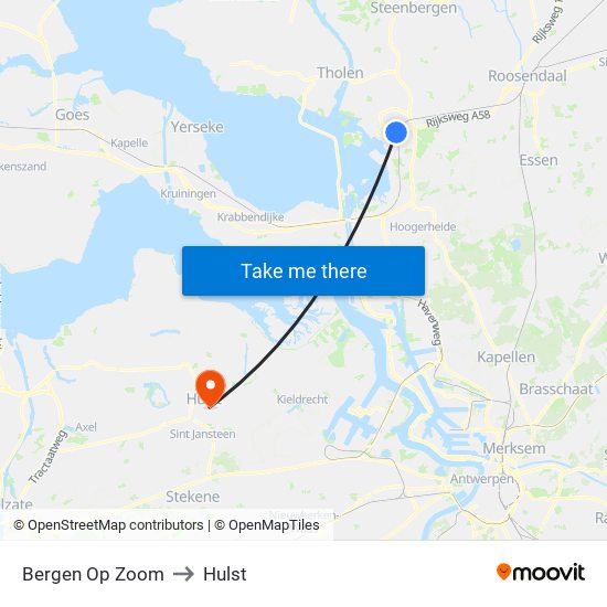 Bergen Op Zoom to Hulst map