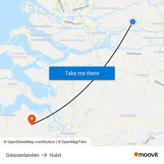 Giessenlanden to Hulst map