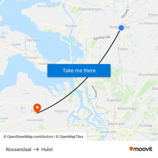 Roosendaal to Hulst map