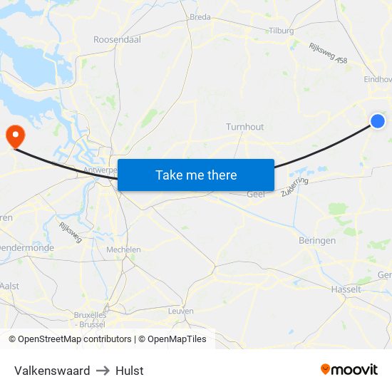 Valkenswaard to Hulst map