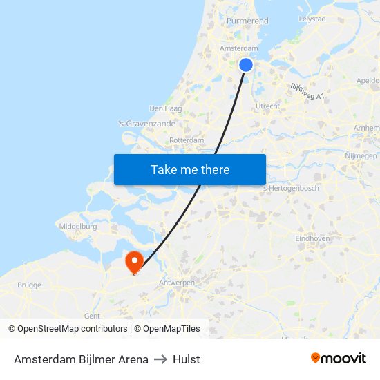 Amsterdam Bijlmer Arena to Hulst map