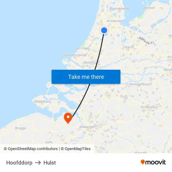 Hoofddorp to Hulst map