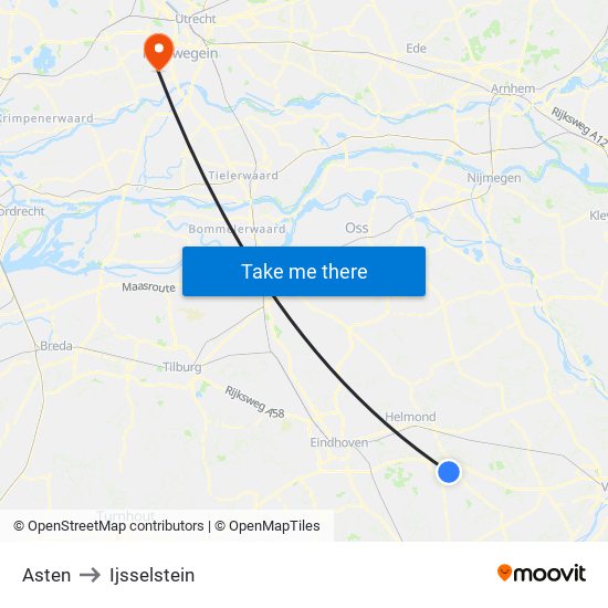 Asten to Ijsselstein map