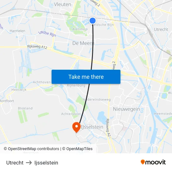 Utrecht to Ijsselstein map