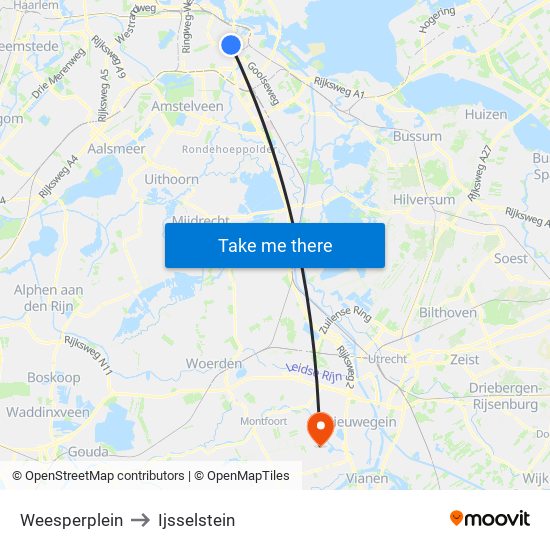 Weesperplein to Ijsselstein map