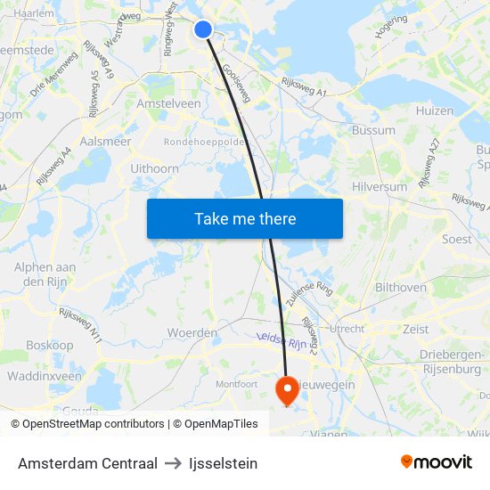 Amsterdam Centraal to Ijsselstein map