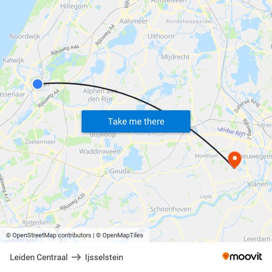 Leiden Centraal to Ijsselstein map