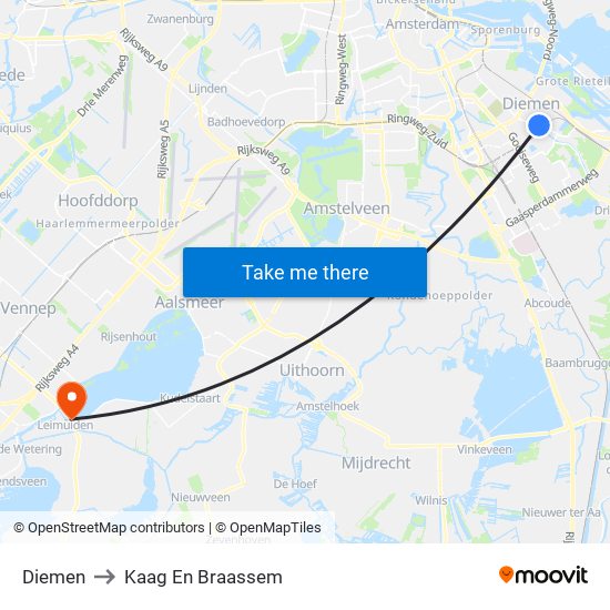 Diemen to Kaag En Braassem map