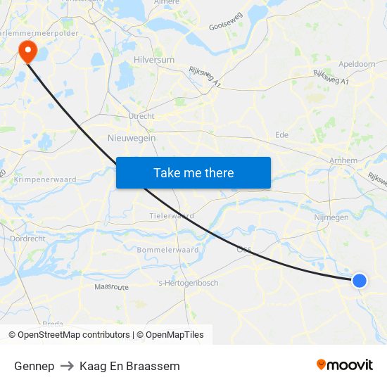 Gennep to Kaag En Braassem map