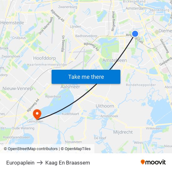 Europaplein to Kaag En Braassem map