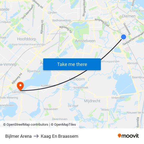 Bijlmer Arena to Kaag En Braassem map