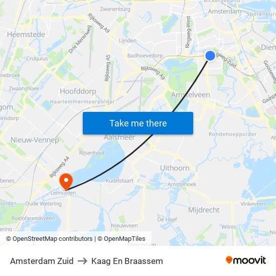 Amsterdam Zuid to Kaag En Braassem map