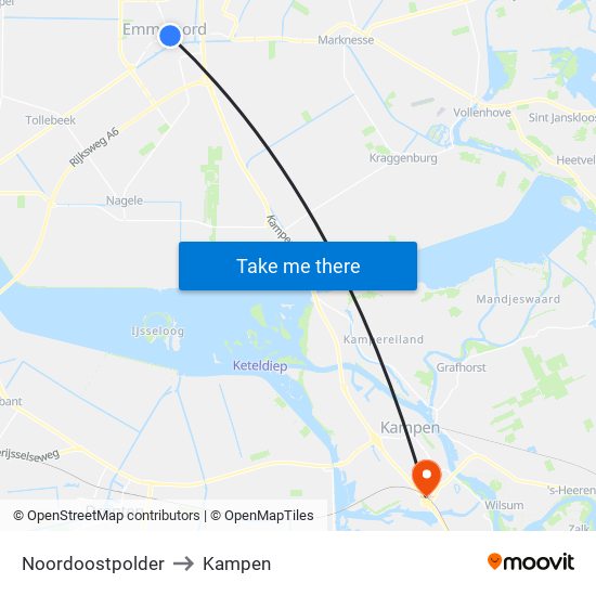 Noordoostpolder to Kampen map