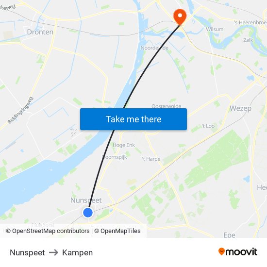 Nunspeet to Kampen map