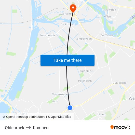 Oldebroek to Kampen map