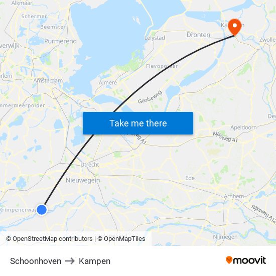 Schoonhoven to Kampen map