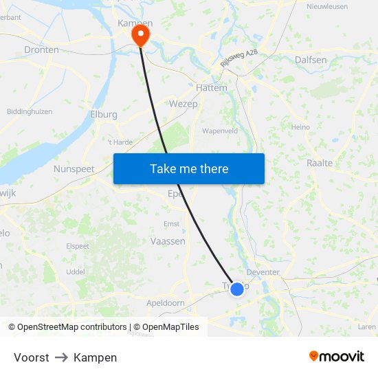 Voorst to Kampen map