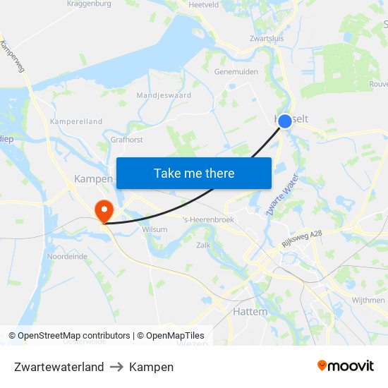 Zwartewaterland to Kampen map