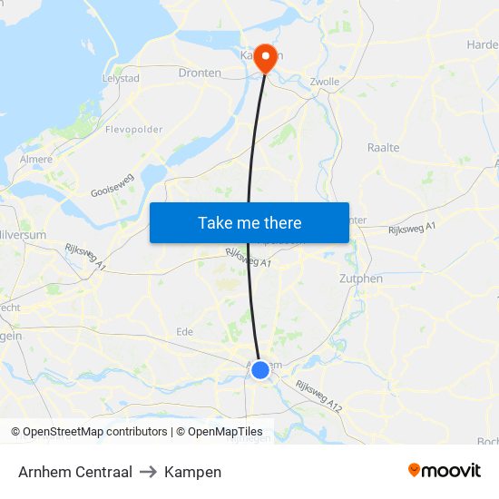 Arnhem Centraal to Kampen map