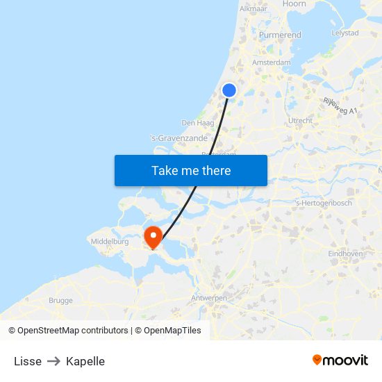Lisse to Kapelle map