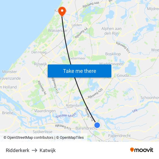 Ridderkerk to Katwijk map