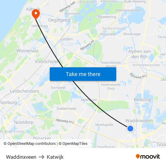 Waddinxveen to Katwijk map