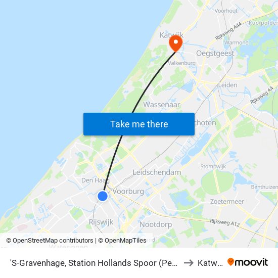 'S-Gravenhage, Station Hollands Spoor (Perron A) to Katwijk map