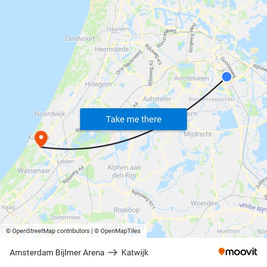 Amsterdam Bijlmer Arena to Katwijk map