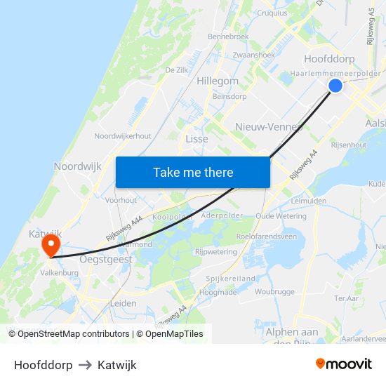 Hoofddorp to Katwijk map