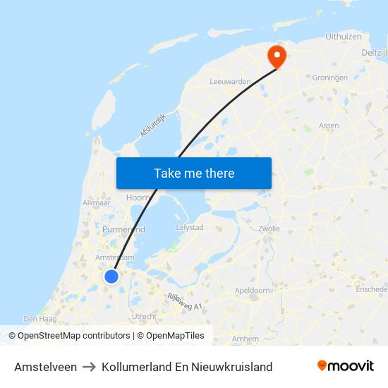 Amstelveen to Kollumerland En Nieuwkruisland map