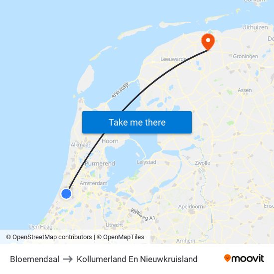Bloemendaal to Kollumerland En Nieuwkruisland map