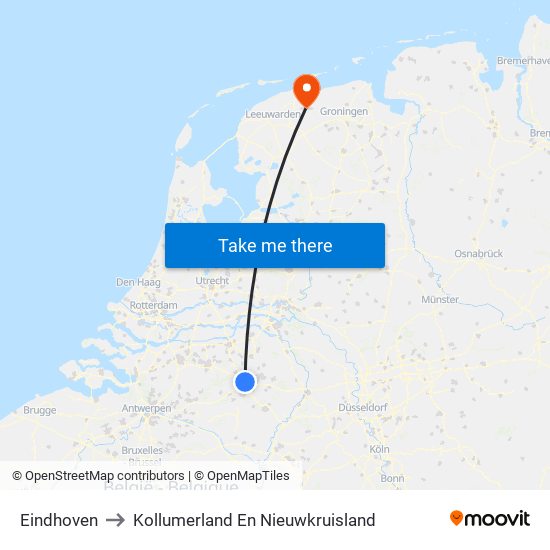 Eindhoven to Kollumerland En Nieuwkruisland map