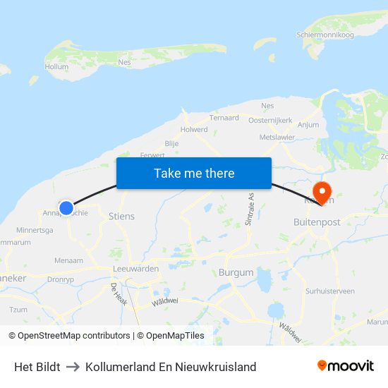 Het Bildt to Kollumerland En Nieuwkruisland map