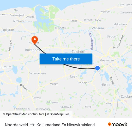 Noordenveld to Kollumerland En Nieuwkruisland map