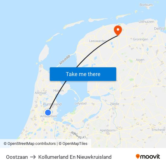 Oostzaan to Kollumerland En Nieuwkruisland map