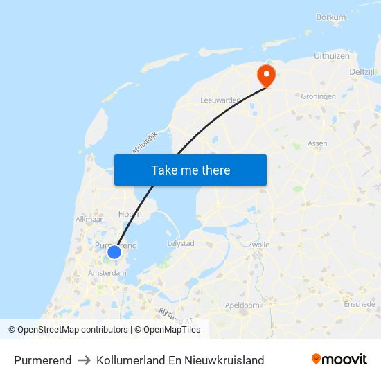 Purmerend to Kollumerland En Nieuwkruisland map