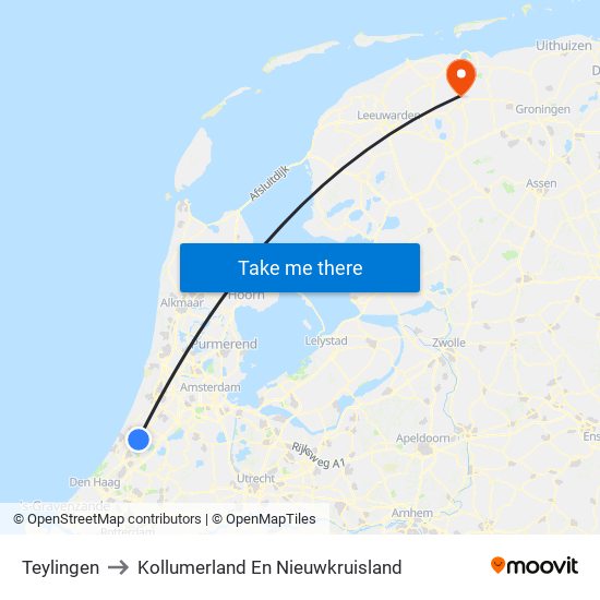 Teylingen to Kollumerland En Nieuwkruisland map