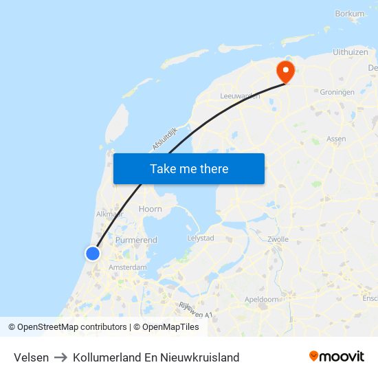 Velsen to Kollumerland En Nieuwkruisland map