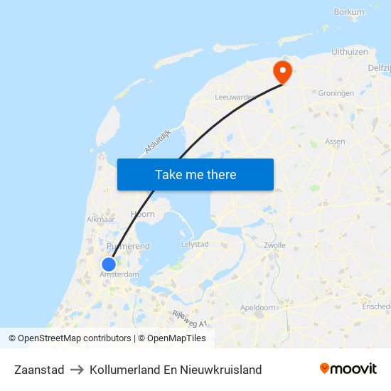 Zaanstad to Kollumerland En Nieuwkruisland map