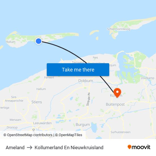 Ameland to Kollumerland En Nieuwkruisland map