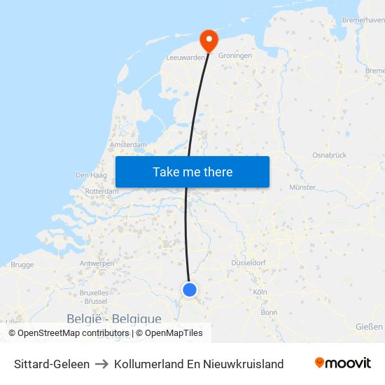 Sittard-Geleen to Kollumerland En Nieuwkruisland map