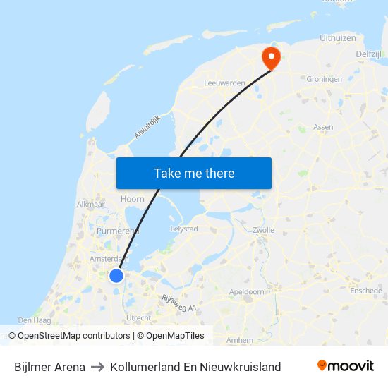 Bijlmer Arena to Kollumerland En Nieuwkruisland map