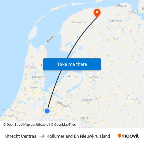 Utrecht Centraal to Kollumerland En Nieuwkruisland map