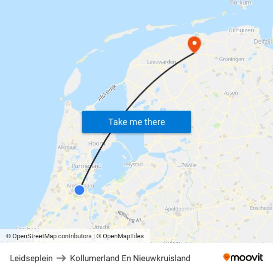 Leidseplein to Kollumerland En Nieuwkruisland map