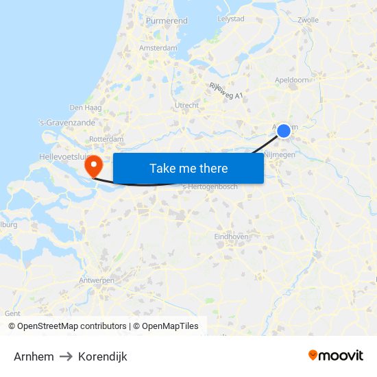 Arnhem to Korendijk map